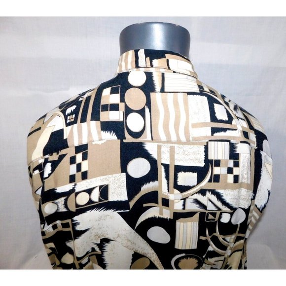 VTG Natural Issue By Feldini Men L Tan Black Geometric Shapes rayon Button Shirt - Picture 10 of 11